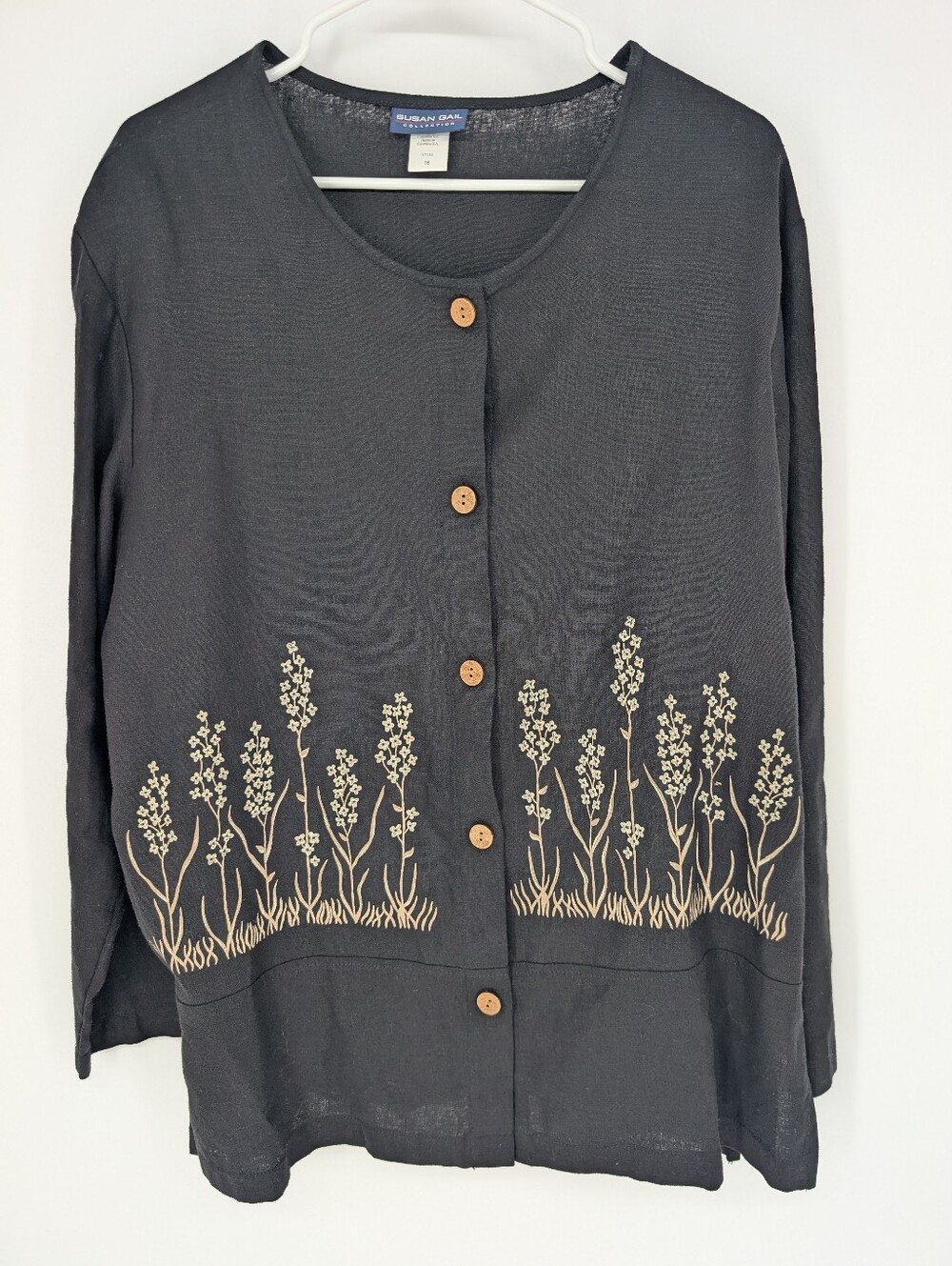 Susan Gail Linen Blend Cardigan Tunic 16 Floral Black Lagenlook Minimalist